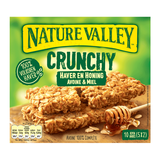 Foto van Nature Valley Crunchy haver en honing 5 stuks op witte achtergrond