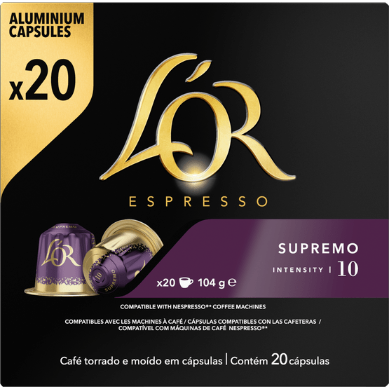 Foto van L'Or Koffiecups espresso supremo sterkte 10 op witte achtergrond