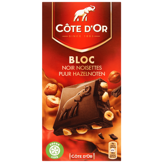 Foto van Côte d'Or Bloc chocoladereep puur hazelnoten op witte achtergrond