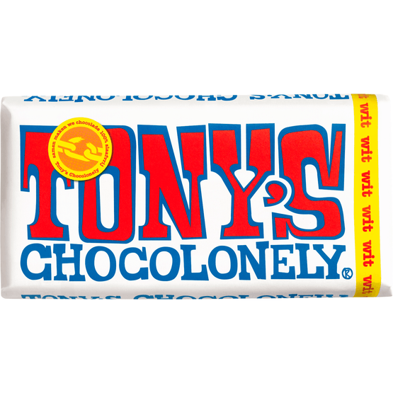 Foto van Tony's Chocolonely wit op witte achtergrond