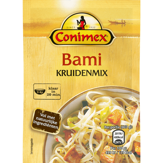 Foto van Conimex Kruidenmix bami op witte achtergrond