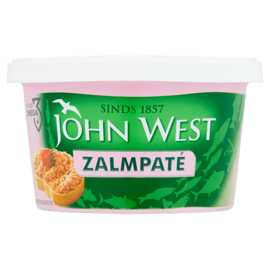 Foto van John West Vispaté zalm op witte achtergrond