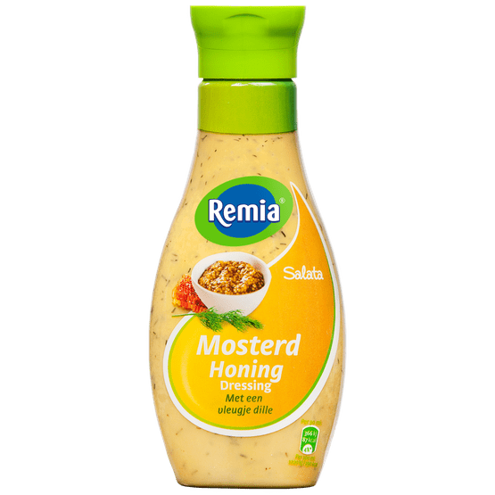 Foto van Remia Dressing salata honing-mosterd op witte achtergrond