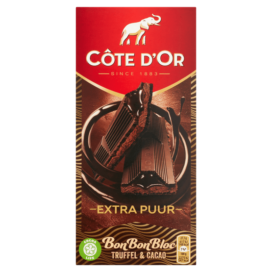 Foto van Côte d'Or Bonbonbloc puur truffel-cacao op witte achtergrond