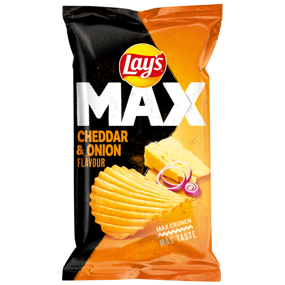 Foto van Lay's Chips max cheddar onion op witte achtergrond
