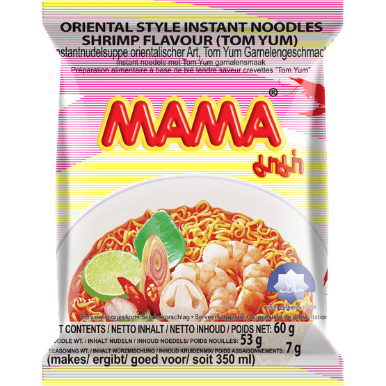 Foto van Mama Noodles garnaal op witte achtergrond