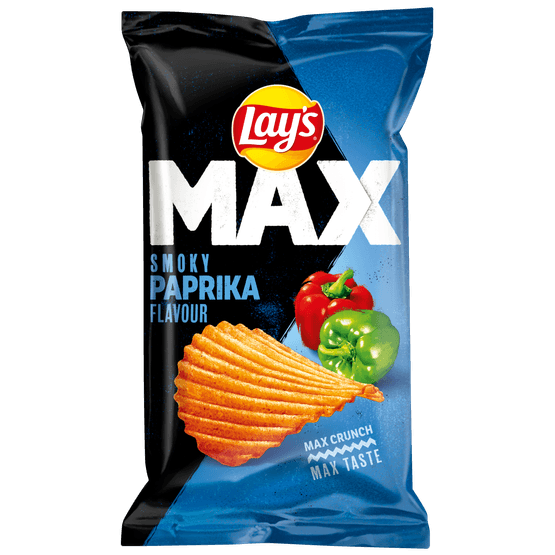 Foto van Lay's Ribbelchips max smoky paprika op witte achtergrond