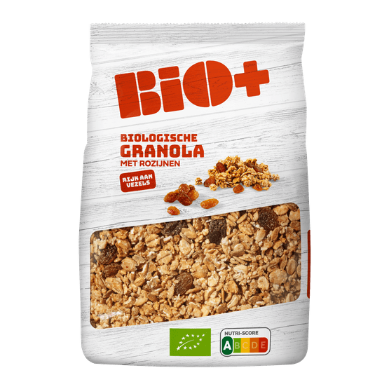 Foto van Bio+ Granola rozijnen op witte achtergrond
