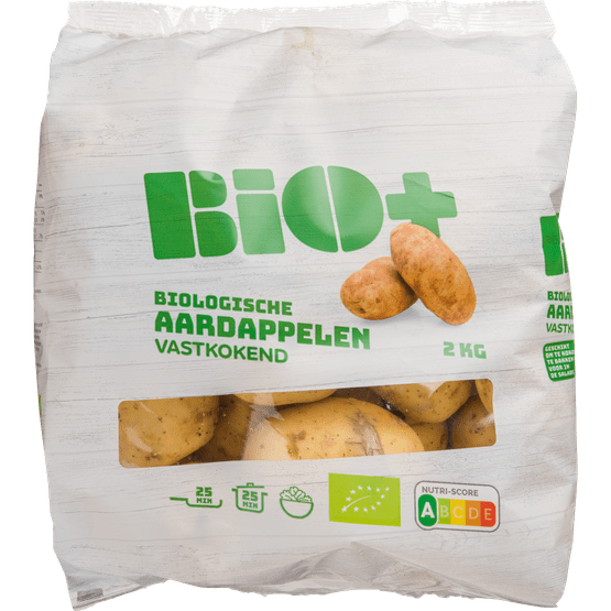Foto van Bio+ Biologische aardappelen vastkokend op witte achtergrond