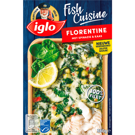 Foto van Iglo Fish cuisine florentine spinazie en kaas op witte achtergrond