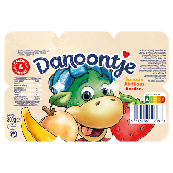 Foto van Danoontje Kinder Fruitkwark Toetjes Banaan, Aardbei & Abrikoos op witte achtergrond