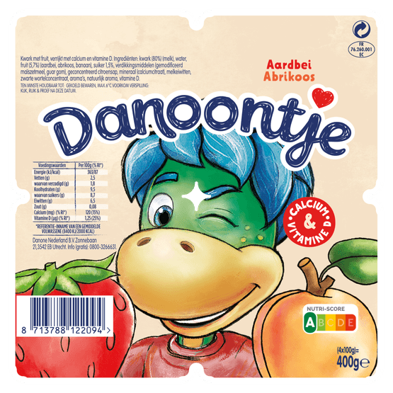 Foto van Danoontje Kinder Fruitkwark Toetjes Aardbei Abrikoos op witte achtergrond