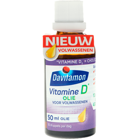 Foto van Davitamon Vitamine D olie volwassenen op witte achtergrond