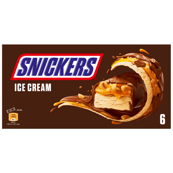 Foto van Snickers Icecream 6 stuks op witte achtergrond
