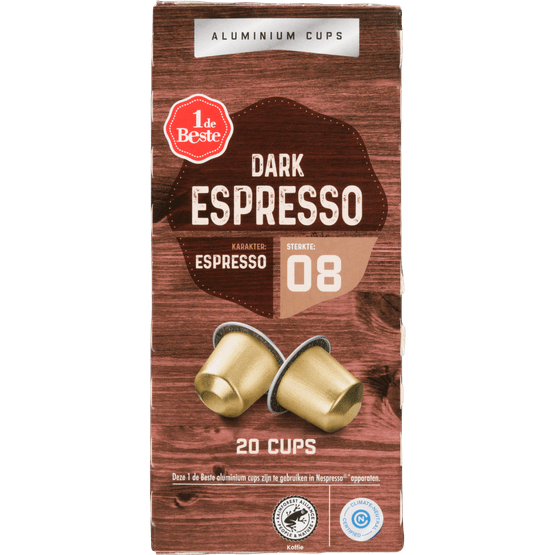 Foto van 1 de Beste Koffiecups espresso dark op witte achtergrond