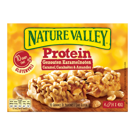 Foto van Nature Valley Protein gezouten karamelnoten 4 stuks op witte achtergrond