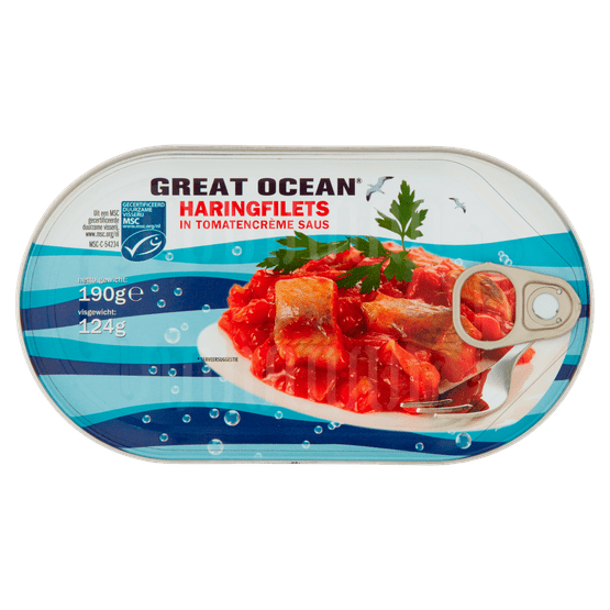 Foto van Great Ocean Haringfilets in tomatencrème saus op witte achtergrond