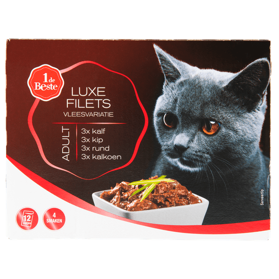 Foto van 1 de Beste Kat luxe filets vlees variatie 12 stuks op witte achtergrond