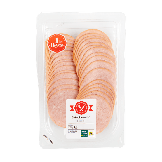 Foto van 1 de Beste gekookte worst gerookt op witte achtergrond