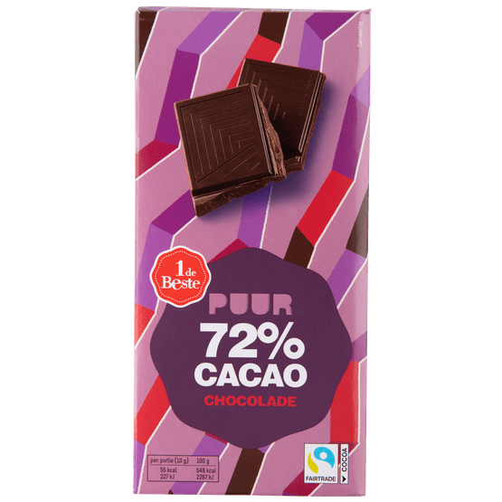 Foto van 1 de Beste Chocoladereep puur 72% op witte achtergrond