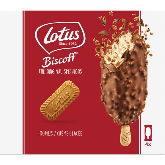 Foto van Lotus Speculoos ijs melkchocolade 4 stuks op witte achtergrond