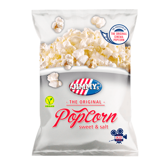 Foto van Jimmy's Original popcorn zoet & zout op witte achtergrond