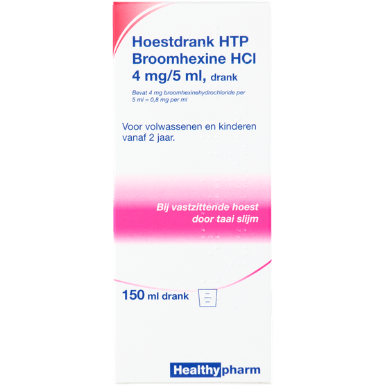 Foto van Healthypharm Hoestdrank broomhexine hcl 4mg op witte achtergrond