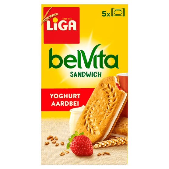 Foto van Liga Belvita yoghurt-aardbei op witte achtergrond