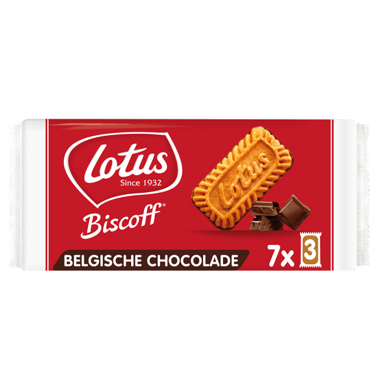 Foto van Lotus Speculoos met chocolade 7 x 3 stuks op witte achtergrond