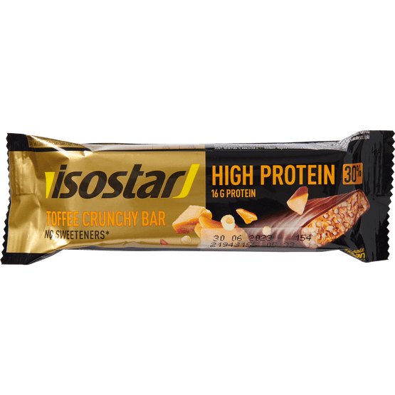 Foto van Isostar High protein bar toffee crunchy op witte achtergrond