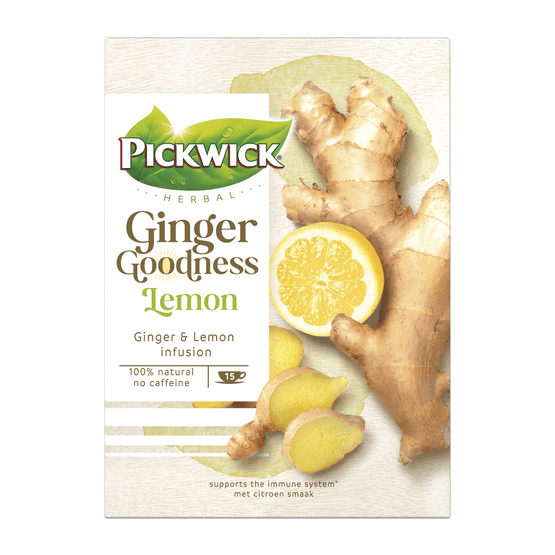 Foto van Pickwick Thee ginger goodness lemon 15 zk op witte achtergrond