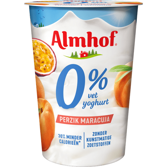 Foto van Almhof Yoghurt 0% vet perzik maracuja op witte achtergrond