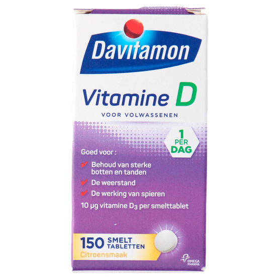 Foto van Davitamon Vitamine D smelttabletten volwassenen citroen op witte achtergrond