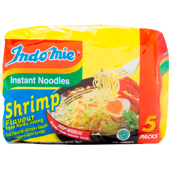 Foto van Indomie Noodles shrimp 5 stuks op witte achtergrond
