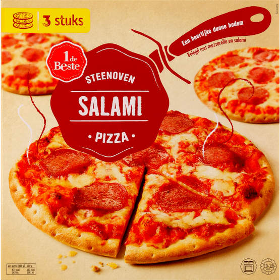 Foto van 1 de Beste Steenoven pizza salami 3 stuks op witte achtergrond