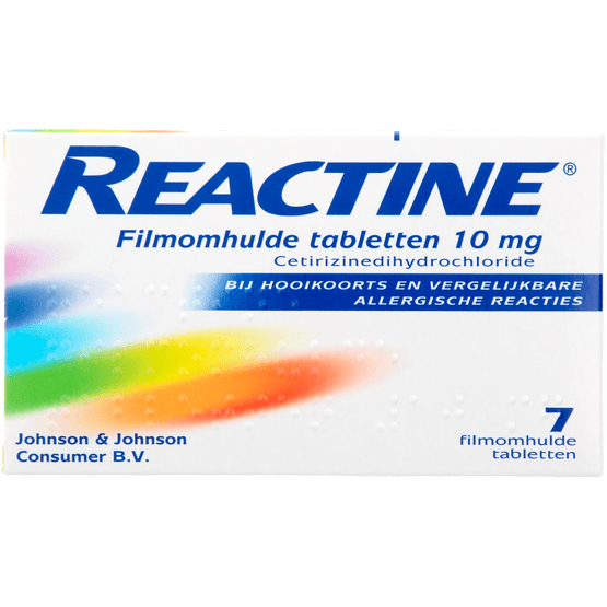 Foto van Reactine Tabletten 10mg op witte achtergrond