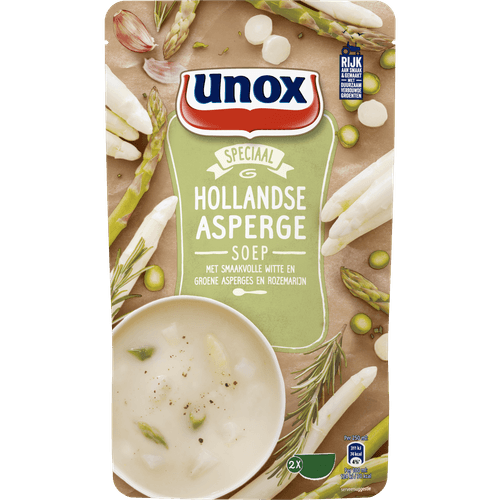 Foto van Unox Soep in zak asperge op witte achtergrond