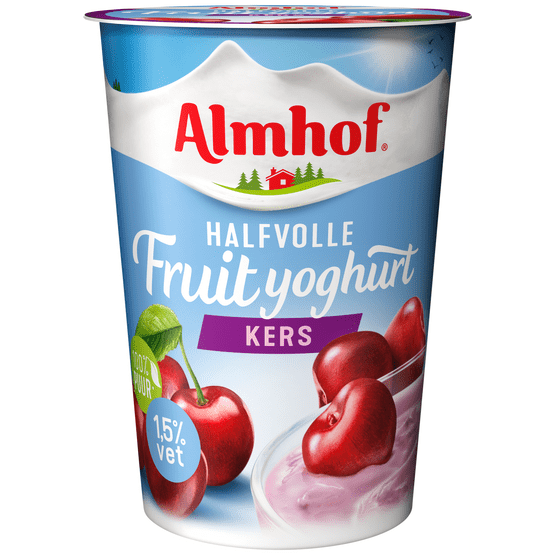 Foto van Almhof Halfvolle yoghurt kers op witte achtergrond