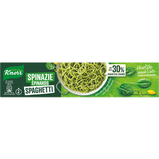 Foto van Knorr Pasta spinazie spaghetti op witte achtergrond