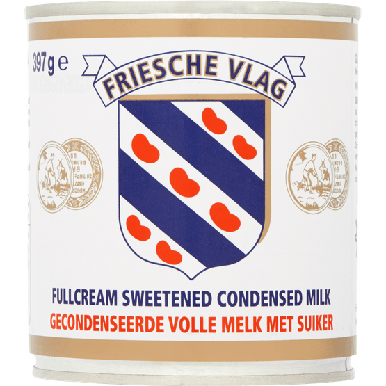 Foto van Friesche Vlag Gecondenseerde volle melk met suiker op witte achtergrond