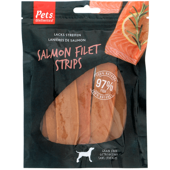 Foto van Pets Hondensnacks salmon filet strips op witte achtergrond