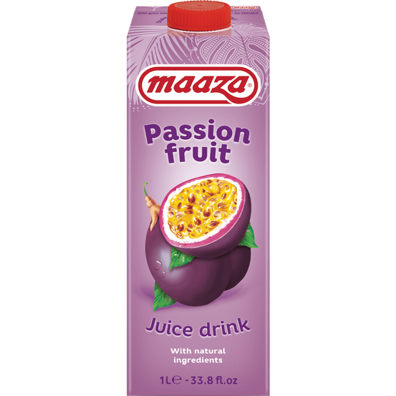 Foto van Maaza Passion fruit drink op witte achtergrond