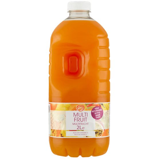 Foto van Fruity Juice Multifruit op witte achtergrond