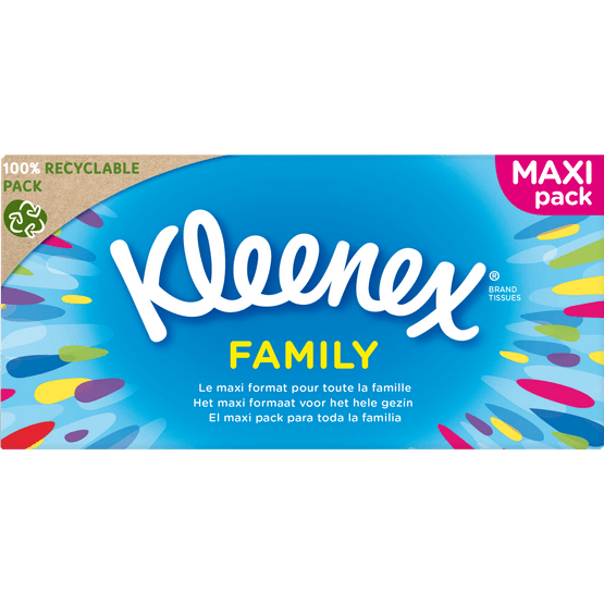 Foto van Kleenex Tissues family box op witte achtergrond