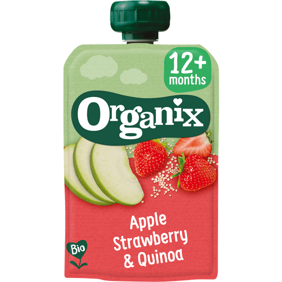 Foto van Organix Just apple, strawberry & quinoa op witte achtergrond