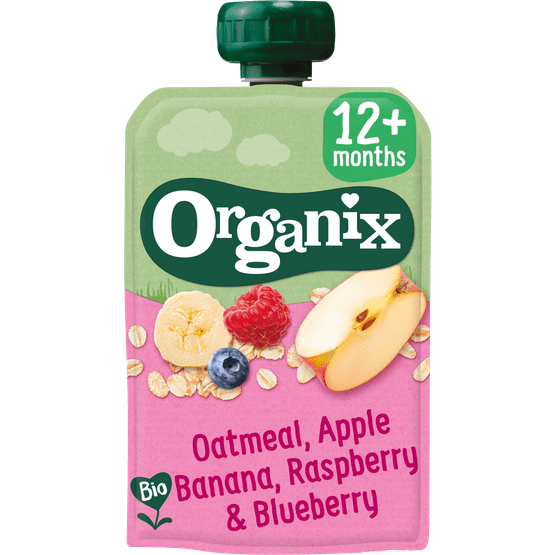 Foto van Organix Just oatmeal-apple banana, raspberrry bleuberry 12+ maanden op witte achtergrond