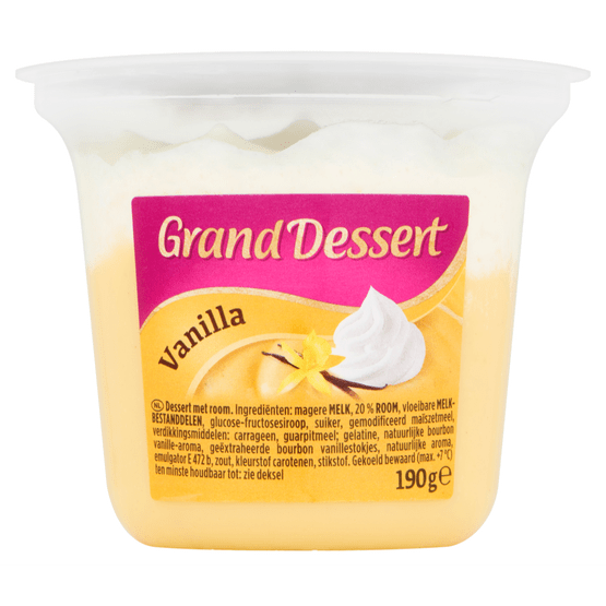 Foto van Ehrmann Grand dessert vanille met slagroom op witte achtergrond