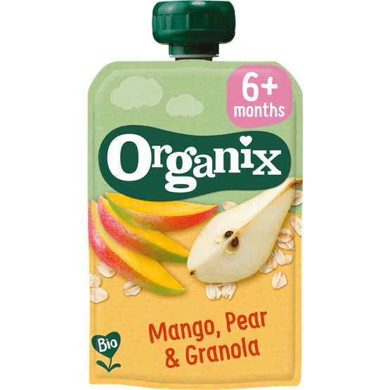 Foto van Organix Just mango pear granola 6 maanden op witte achtergrond