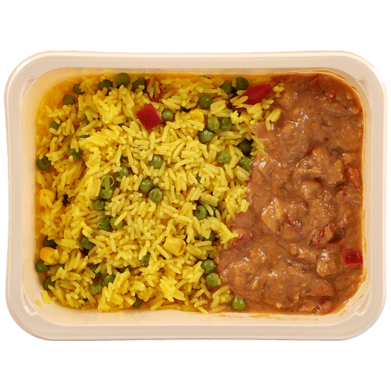 Foto van Mealmasters Kip tandoori met gevulde gele rijst op witte achtergrond