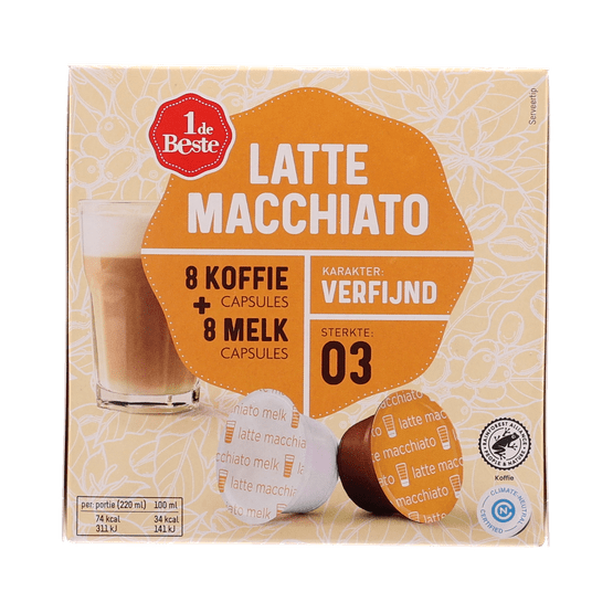 Foto van 1 de Beste Koffiecups latte macchiato sterkte 3 op witte achtergrond